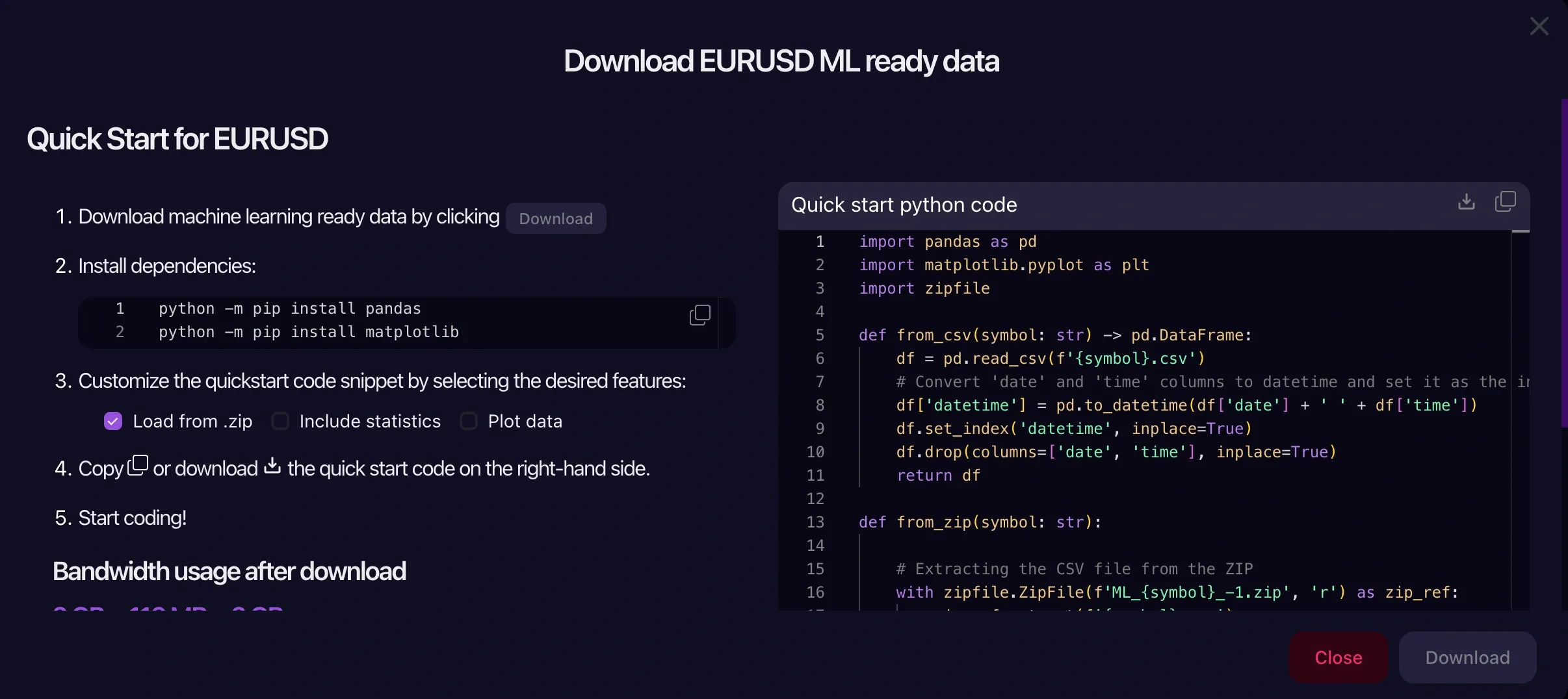 Fragmento de código para Descargas CSV