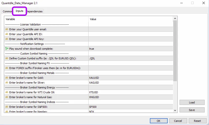 Navigate to Inputs Tab
